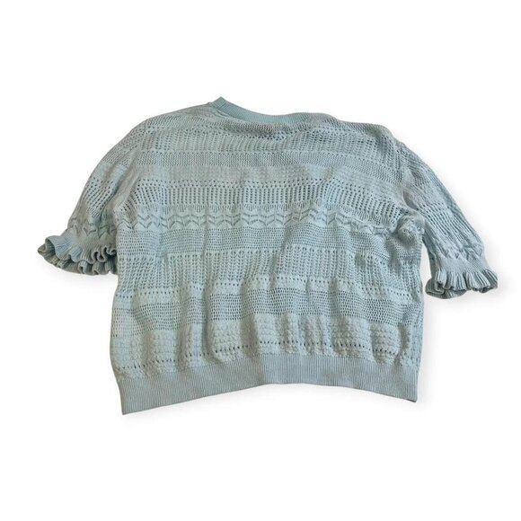 y2k turquoise mint green crochet knit eyelet pointelle 3/4 sleeve top coquette - Picture 4 of 9